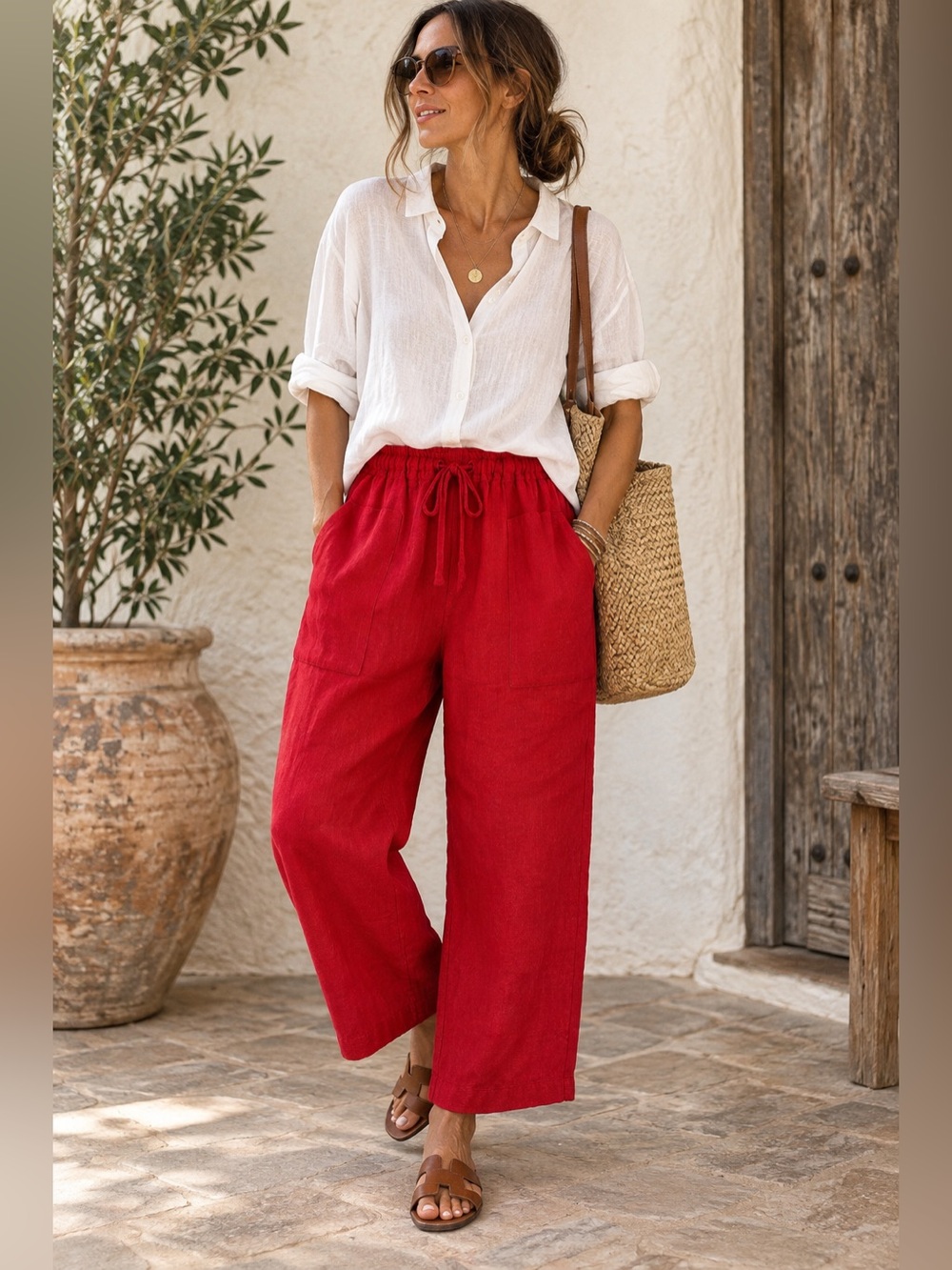 Eskandar Neiman Marcus Luxury Red Linen Drawstring Wide Leg Pants Lagenlook